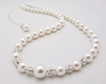Pearl Bridal Necklace in Sterling Silver with Backdrop, Ivory or White Pearl Wedding Necklace Backdrop 6040
