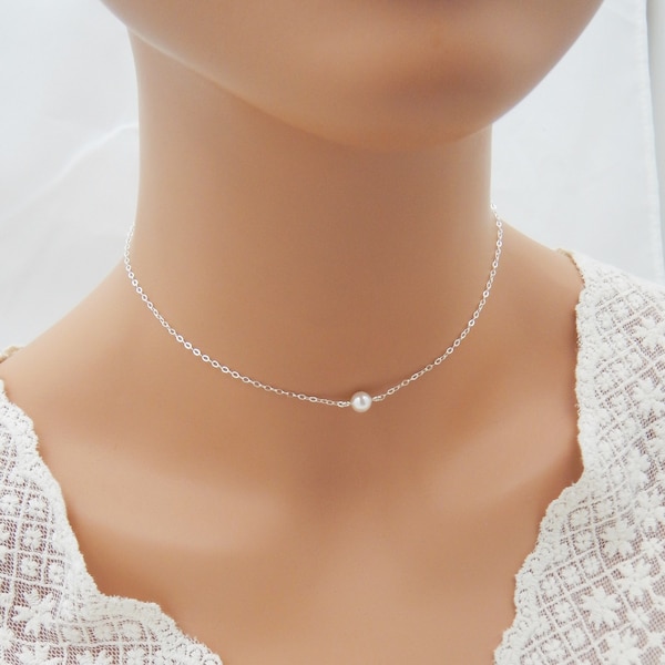 Tiny Pearl Necklace, Sterling Silver Floating Pearl Choker Necklace, Bridesmaid Jewelry 0429