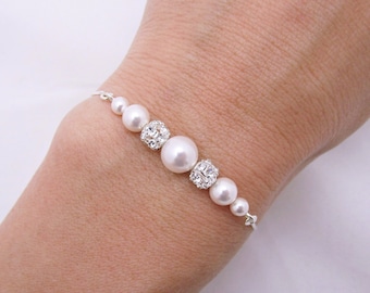 Set of 6 Adjustable Bridesmaids Bracelets, 6 Sterling Silver Pearl Bracelets with Sliding Clasp 0445