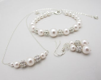 Bridesmaid Pearl Jewelry Set, Bridesmaid Necklace, Bracelet, and Earrings in Sterling Silver 6046