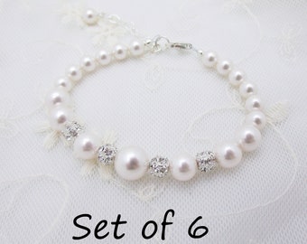 Set of 6 Bridesmaids Bracelets in Sterling Silver, High Quality Pearl and Crystal Adjustable Bracelets Bridesmaid Jewelry 6041