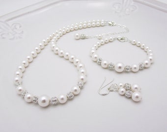 Pearl and Crystal Bridal Jewelry Set, Bracelet, Earrings, and Necklace Backdrop