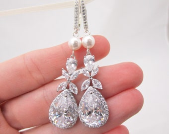 Long Crystal Wedding Earrings with Real Sterling Silver Leverback Earrings, CZ Bridal Earrings 6036