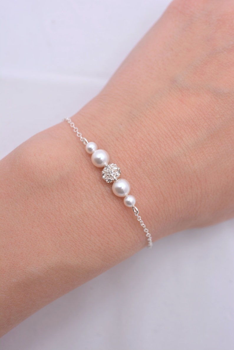 Pearl and Rhinestone Bridal Bracelet, White Ivory Wedding, Floating Pearl Crystal image 2