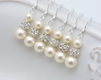 6 Pairs Ivory Pearl and Rhinestone Earrings, 6 Pairs Bridesmaid Earrings, Ivory Pearl Earrings, Long Earring, Bridesmaid Gift 0150