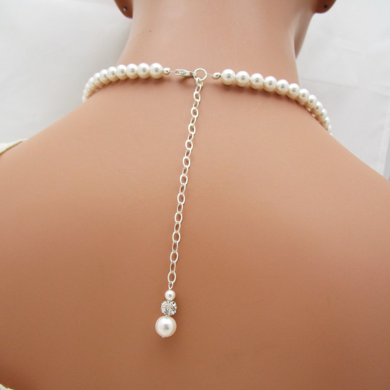 Pearl Bridal Necklace in Sterling Silver with Backdrop, Ivory or White Pearl Wedding Necklace Backdrop 6040 imagem 8