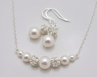 Set of 6 Bridesmaid Necklaces and Earrings, 6 Bridesmaid Jewelry Sets, Pearl and Rhinestone 0347