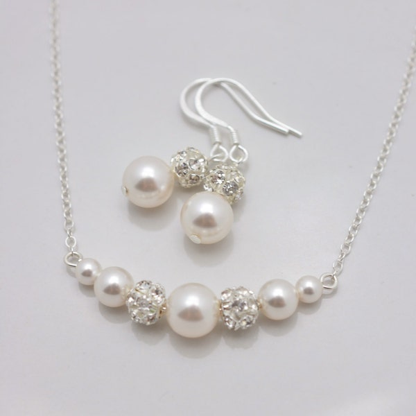 Pearl Bridal Set, Pearl and Rhinestone Necklace and Earrings, Wedding Jewelry Set 0347