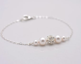 Set of 5 Pearl and Rhinestone Bracelets, 5 Bridesmaid Pearl Bracelets, Pearl and Crystal Bracelets, Pearl and Sterling Silver Chain 0224