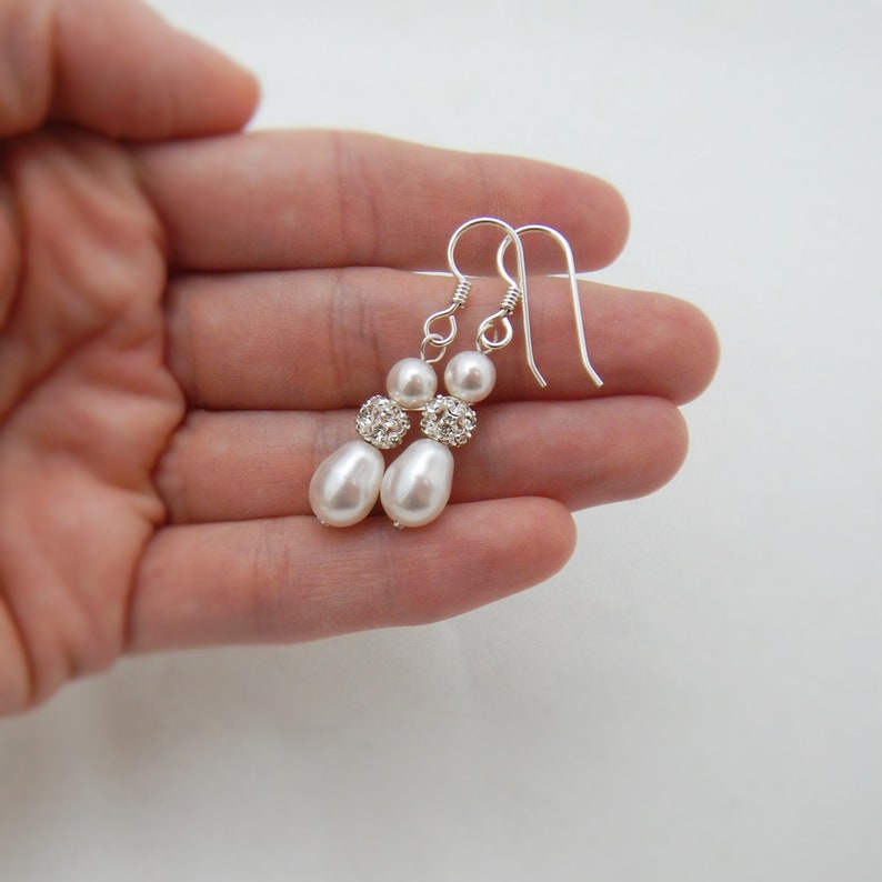 Sterling Silver Bridal Earrings, Pearl Drop Wedding Earrings, Teardrop Pearl and Rhinestone 0393 afbeelding 1