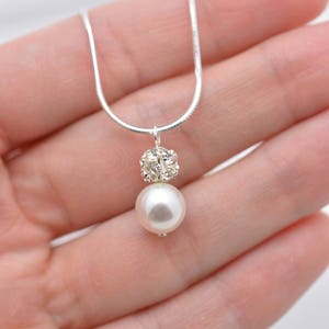 Pearl and Rhinestone Crystal Necklace, Bridal Necklace with Sterling Silver Snake Chain 0358 image 4