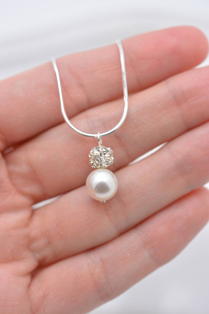 Pearl and Rhinestone Crystal Necklace, Bridal Necklace with Sterling Silver Snake Chain 0358 image 4