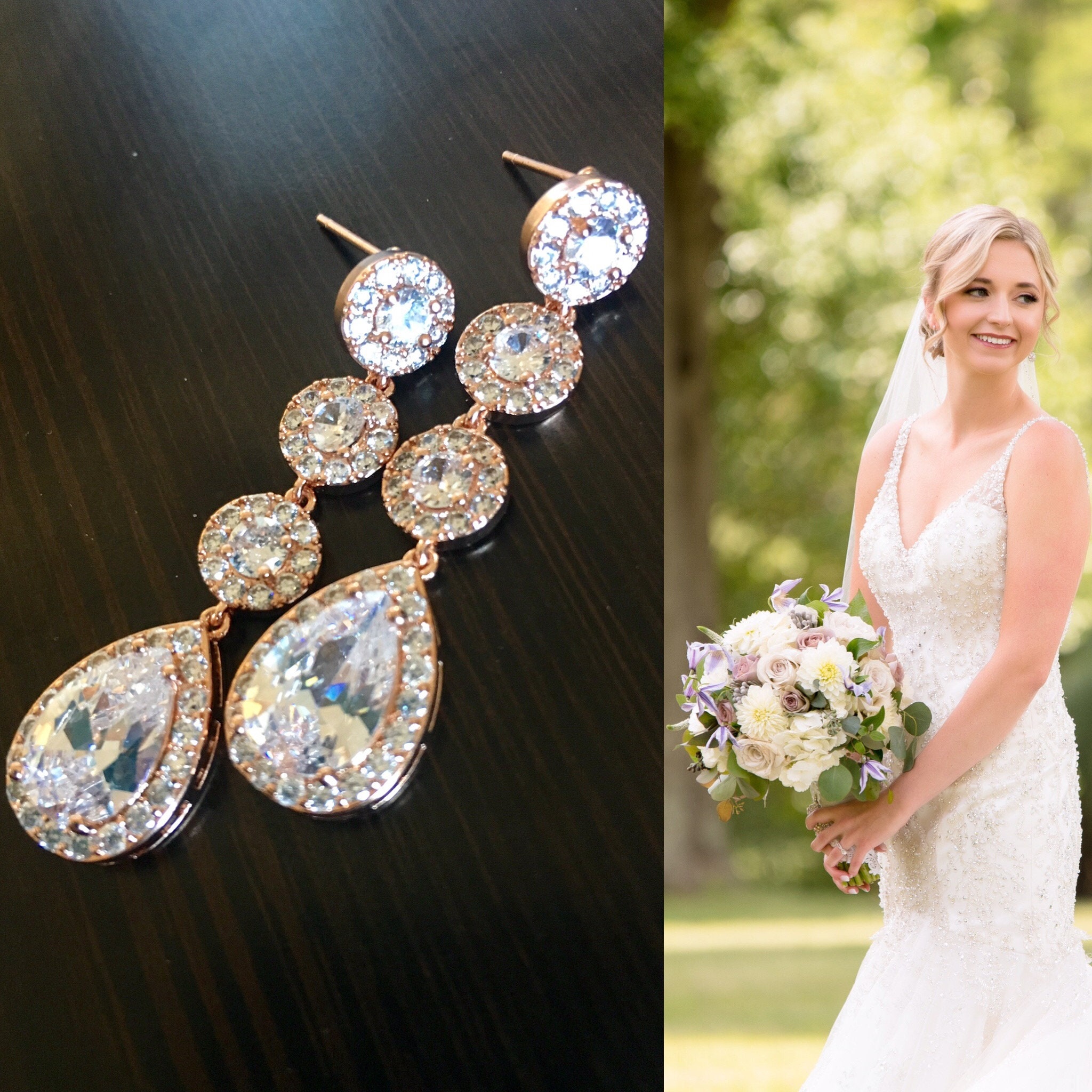 Rose Gold Bridal Earrings Crystal Teardrop Long Wedding | Etsy