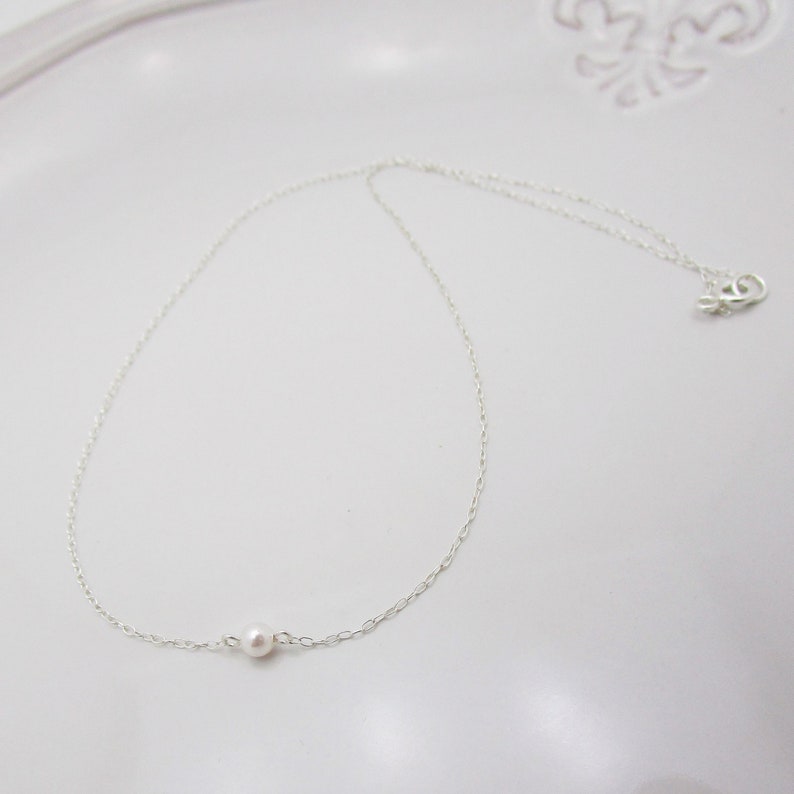 Dainty Floating Pearl Necklace, Sterling Silver Tiny Pearl Necklace, Minimalist Bridal Necklace, Suspended Pearl Wedding Necklace image 5