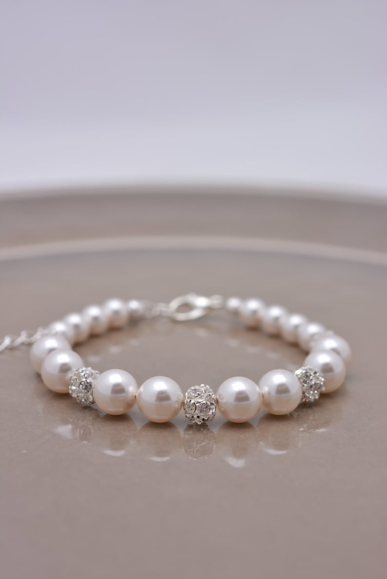 Pearl and Rhinestone Wedding Bracelet, Adjustable Bridesmaid Pearl Bridal Bracelet 0210 image 2