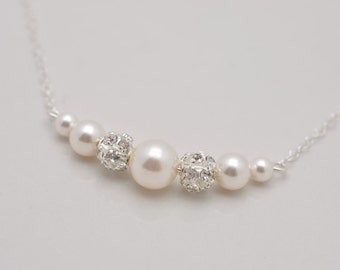 Pearl and Rhinestone Bridal Necklace, Floating Pearl and Crystal Wedding Necklace 0307