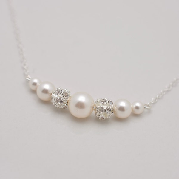 Pearl and Rhinestone Bridal Necklace, Floating Pearl and Crystal Wedding Necklace 0307