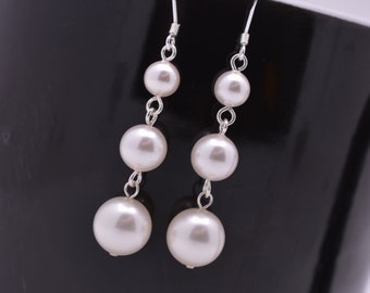 Pearl Drop Bridal Earrings, Long Pearl Sterling Silver Bridesmaid Earrings 0287