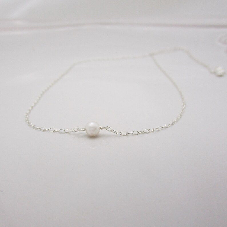 Dainty Floating Pearl Necklace, Sterling Silver Tiny Pearl Necklace, Minimalist Bridal Necklace, Suspended Pearl Wedding Necklace image 8