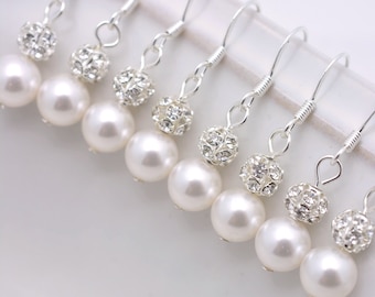 3 Pairs Bridesmaid Pearl and Rhinestone Earrings, Bridesmaid Pearl and Crystal Sterling Silver Hooks 0061