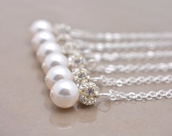 Set of 5 Bridesmaid Necklaces, 5 Pearl and Rhinestone Necklaces, Crystal and Pearl Pendant, Sterling Silver Necklace Chain 0192