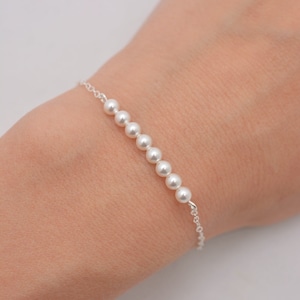 Set of 5 Bridesmaid Pearl Bar Bracelets, Sterling Silver Tiny Pearl Bracelets 0308