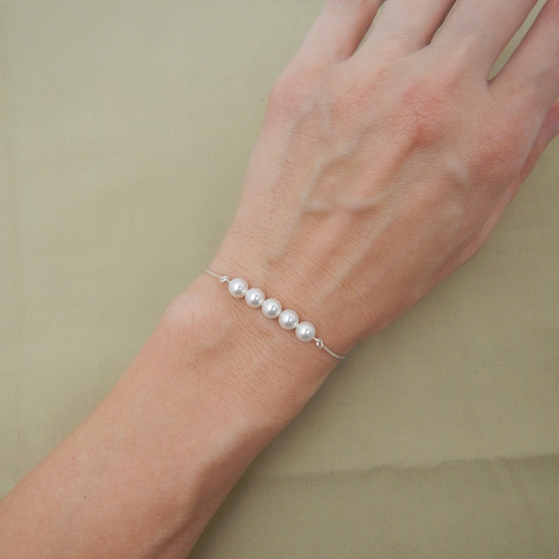 Set of 4 Bridesmaids Adjustable Bracelets with Sliding Clasp, 4 Pearl Bar Sterling Silver Bracelets 0431 image 2