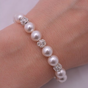 Set of 6 Pearl Bridesmaid Bracelets, Rhinestone and Crystal Adjustable 0210 image 3