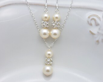 5 Ivory Pearl Jewelry Sets, Set of 5 Bridesmaid Necklaces and Earrings, Ivory Pearl Bridesmaid Sets 0238