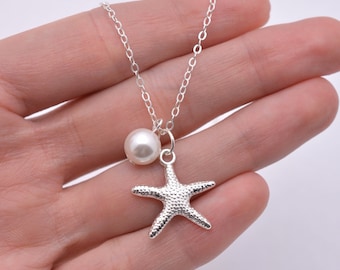 Set of 4 Bridesmaid Starfish Necklaces, 4 Starfish Pearl Necklaces, Beach Wedding Jewelry 0199