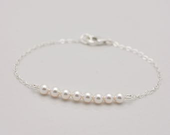 Set of 4 Bridesmaid Pearl Bracelets, Sterling Silver, Bridesmaids Tiny Pearl Row Bracelets 0308