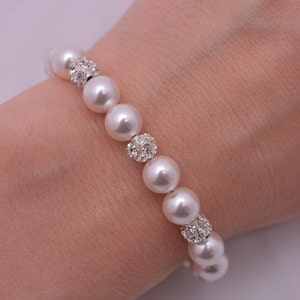 Pearl and Rhinestone Wedding Bracelet, Adjustable Bridesmaid Pearl Bridal Bracelet 0210 image 3