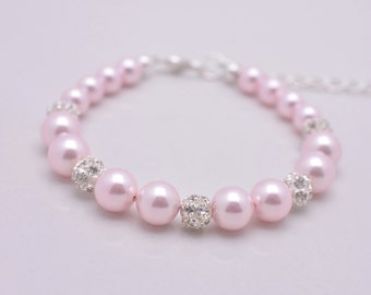 Pink Pearl Bracelet, Light Pink Pearl Bridal Bracelet, Pink Bridesmaid Bracelet, Pearl and Rhinestone Bracelet, Pink Wedding Bracelet 0216