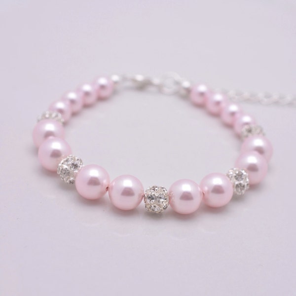 Pink Pearl Bracelet, Light Pink Pearl Bridal Bracelet, Pink Bridesmaid Bracelet, Pearl and Rhinestone Bracelet, Pink Wedding Bracelet 0216