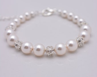 Set of 3 Bridesmaid Bracelets, White Pearl and Rhinestone Adjustable Bracelets 0210