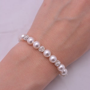 Pearl and Rhinestone Wedding Bracelet, Adjustable Bridesmaid Pearl Bridal Bracelet 0210 image 4