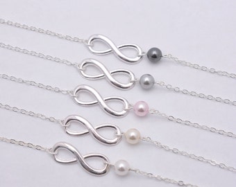 Set of 8 Bridesmaid Infinity Pearl Bracelets, 8 Infinity and Pearl Bracelets, Sterling Silver Infinity, Bridesmaid Gift 0217