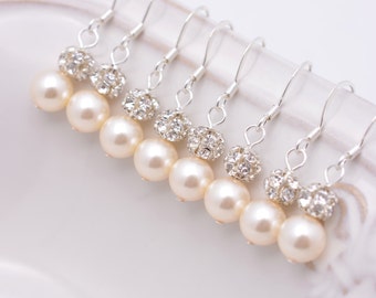 7 Pairs Ivory Pearl Bridesmaid Earrings, 7 Pairs Bridesmaid Earrings, Ivory Pearl and Rhinestone Earrings, Cream Pearl Earrings 0111