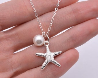 Set of 7 Starfish Necklaces, 7 Bridesmaid Pearl Necklaces, Starfish and Pearl Necklace, Beach Bridesmaid Jewelry, Real Silver Chain 0199