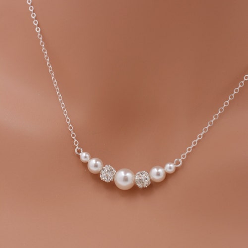 Set of 7 Bridesmaid Pearl Necklaces, 7 Pearl and Rhinestone Necklaces, Pearl and Sterling Silver shops Necklaces, Floating Pearls and Crystal 0307