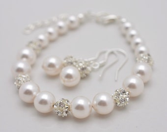 Conjunto de 4 conjuntos de pulseras y aretes para dama de honor, conjuntos de joyas de perlas para bodas 0348