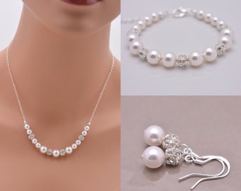 Set of 6 Bridesmaid Pearl Jewelry Sets, Bracelets Necklaces and Earrings, Sterling Silver