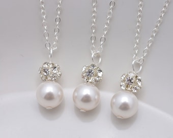 Set of 3 Pearl Necklaces, 3 Bridesmaid Necklaces, Pearl and Rhinestone Pearl Pendant Necklace, 3 Bridesmaid Gifts 0192