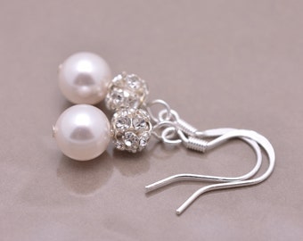 Pearl and Rhinestone Wedding Earrings, Rhinestone Ball Pearl and Crystal, Pearl Drop Bridesmaid Earrings 0061