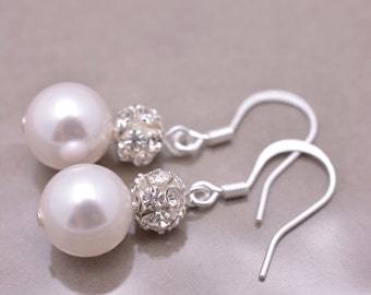 Pearl Bridal Earrings, Large Pearl and Rhinestone Earrings, White Pearl Wedding Earring, Bridesmaid Earrings 0006