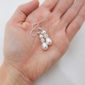 Sterling Silver Bridal Earrings, Pearl Drop Wedding Earrings, Teardrop Pearl and Rhinestone 0393 afbeelding 5