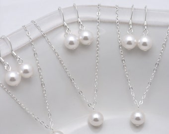 Set of 6 Bridesmaid Pearl Necklace and Earring Sets, 6 Pearl Sets, One Pearl Necklace - Sterling Silver Jewelry 0133