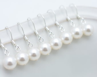 6 Pairs Bridesmaid Pearl Drop Earrings, Real Sterling Silver Earrings 0059