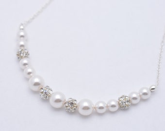 Set of 3 Pearl Bridesmaid Necklaces, Pearl Strand and Rhinestone Crystal Necklaces 0232