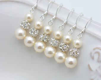4 Pairs Ivory Pearl and Rhinestone Earrings, 4 Pairs Bridesmaid Earrings, Long Pearl Earrings, Ivory Pearl Sterling Silver Earrings 0150